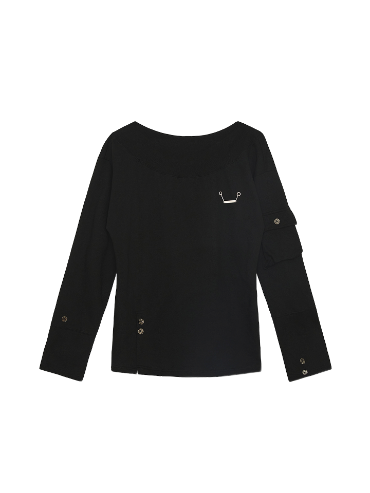 One Shoulder Pocket Button Slit Oversized Long Sleeve-black111