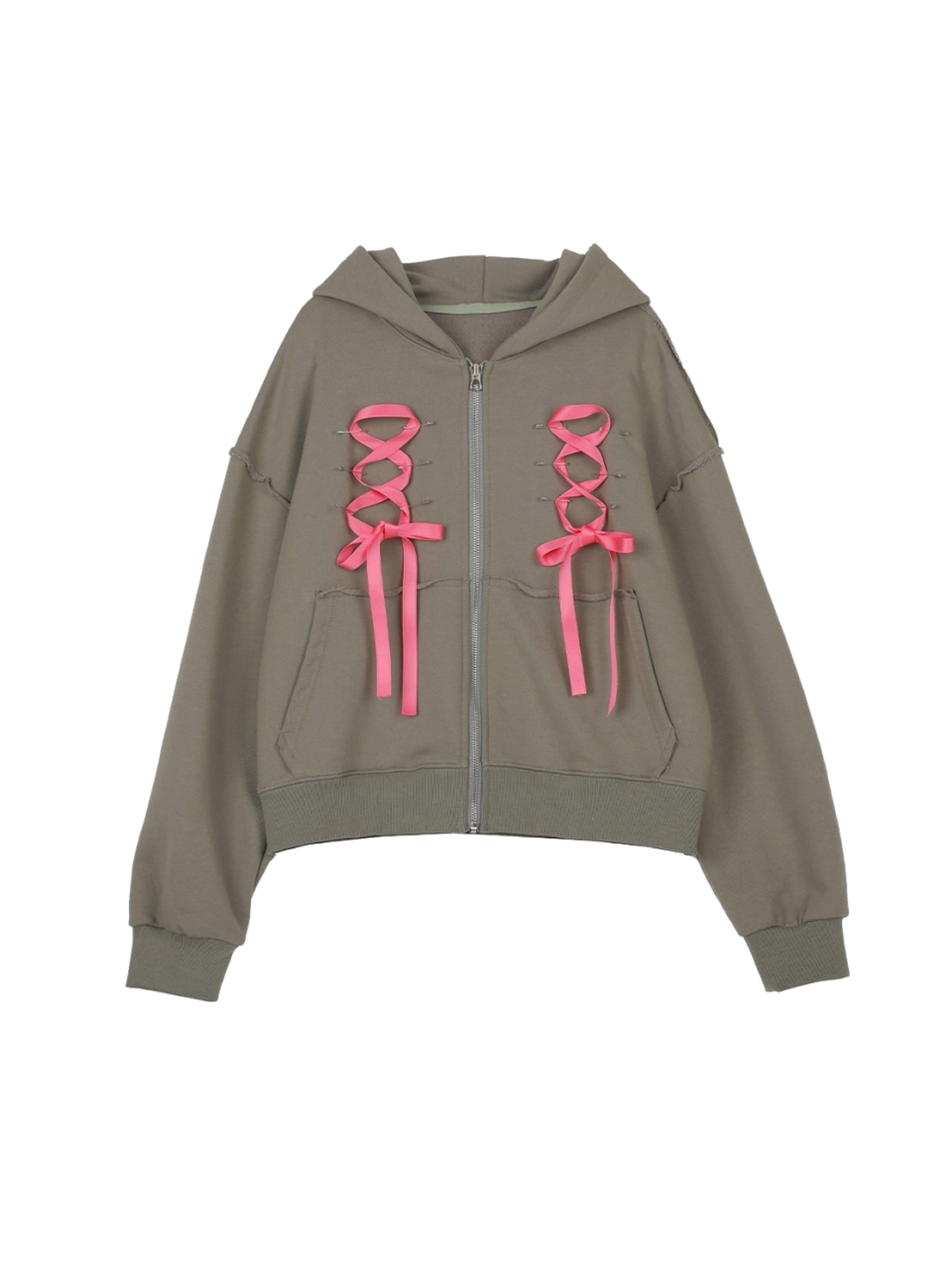 Highschool Disco Corset ribbon hood zip-up (Khaki)