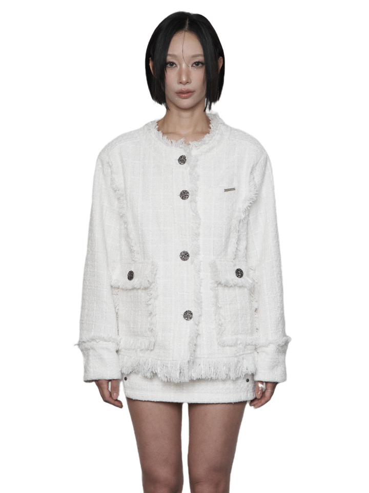 Back- belt Pocket Overfit Tweed Jacket ( WHITE )-3