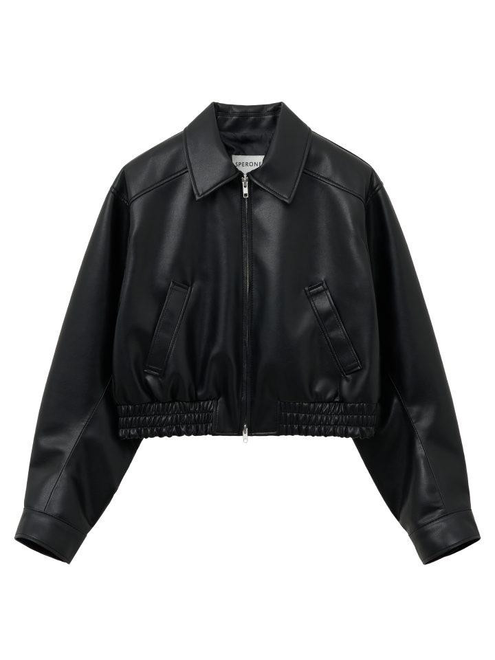 Basic Semi Cropped Leather Jacket (Black)