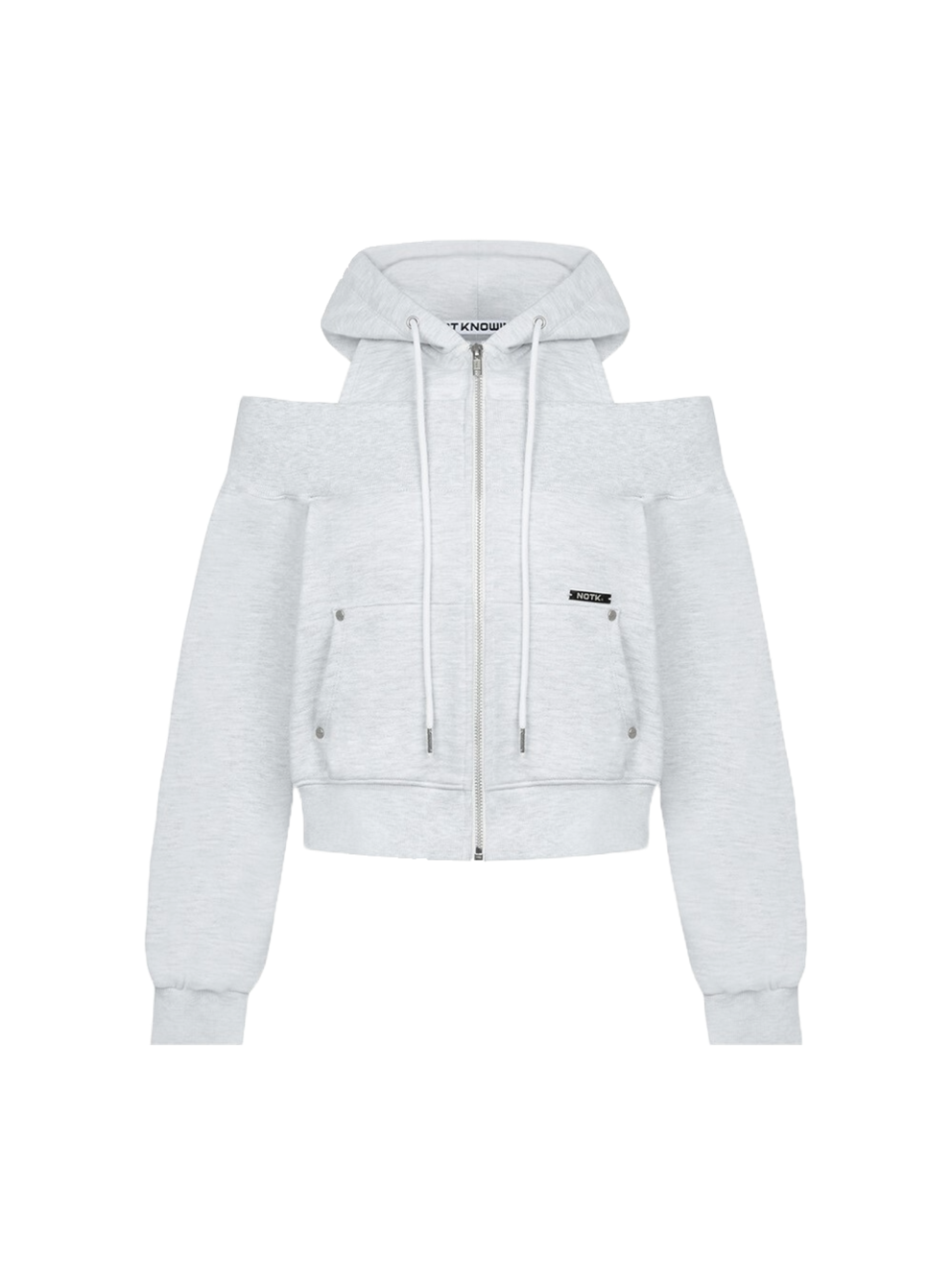 Not Knowing Open Shoulder Zip Up Hoodie (MELANGE WHITE)