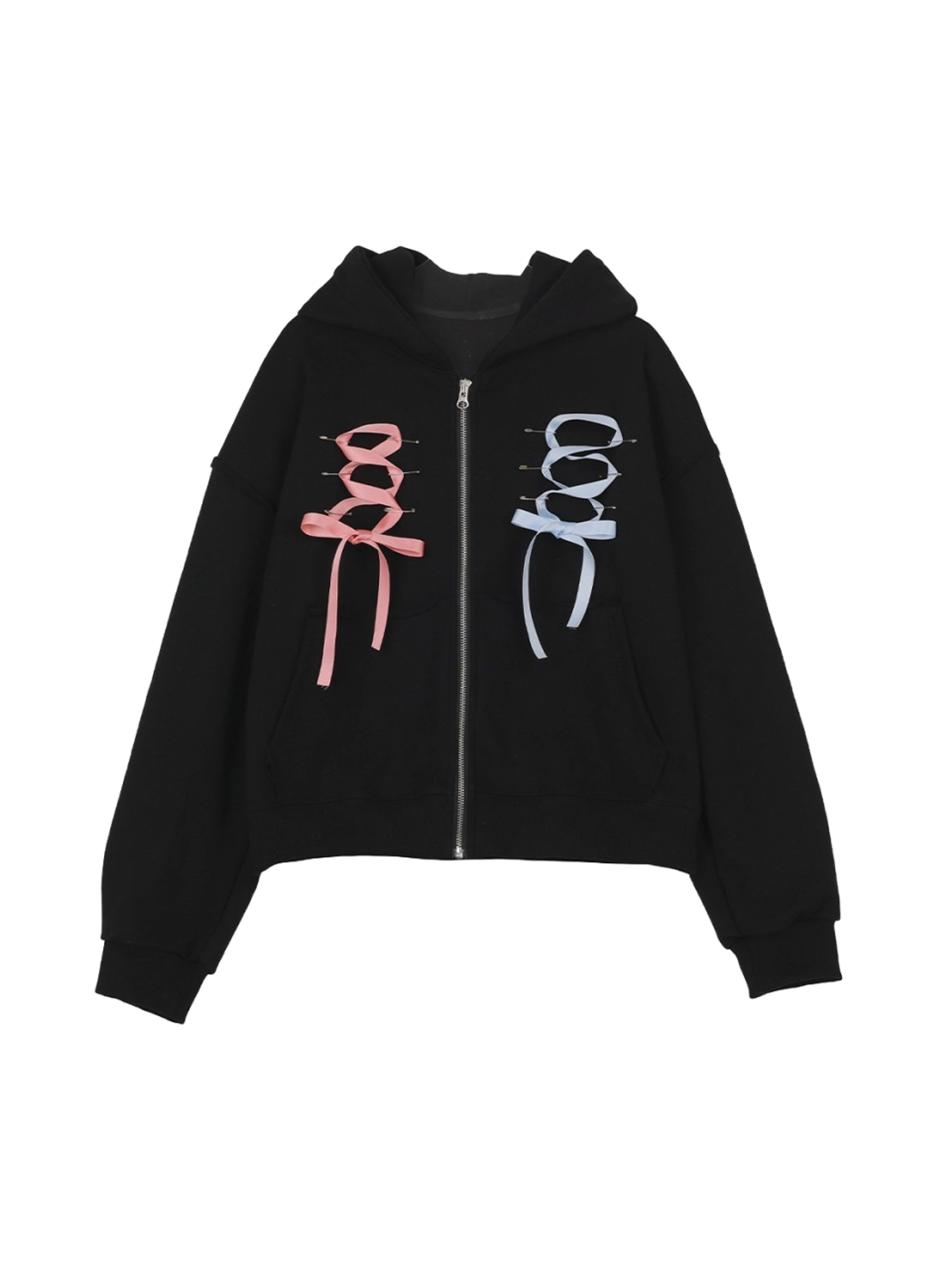 Highschool Disco Corset ribbon hood zip-up (Black)