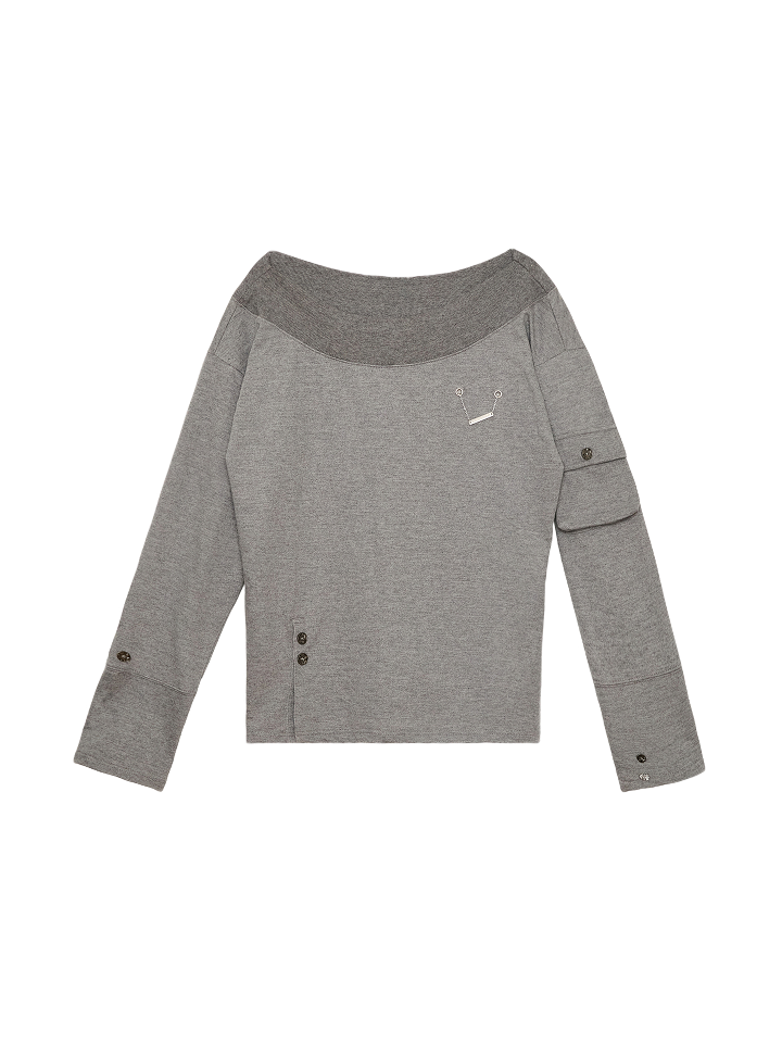 1One Shoulder Pocket Button Slit Oversized Long Sleeve-gray