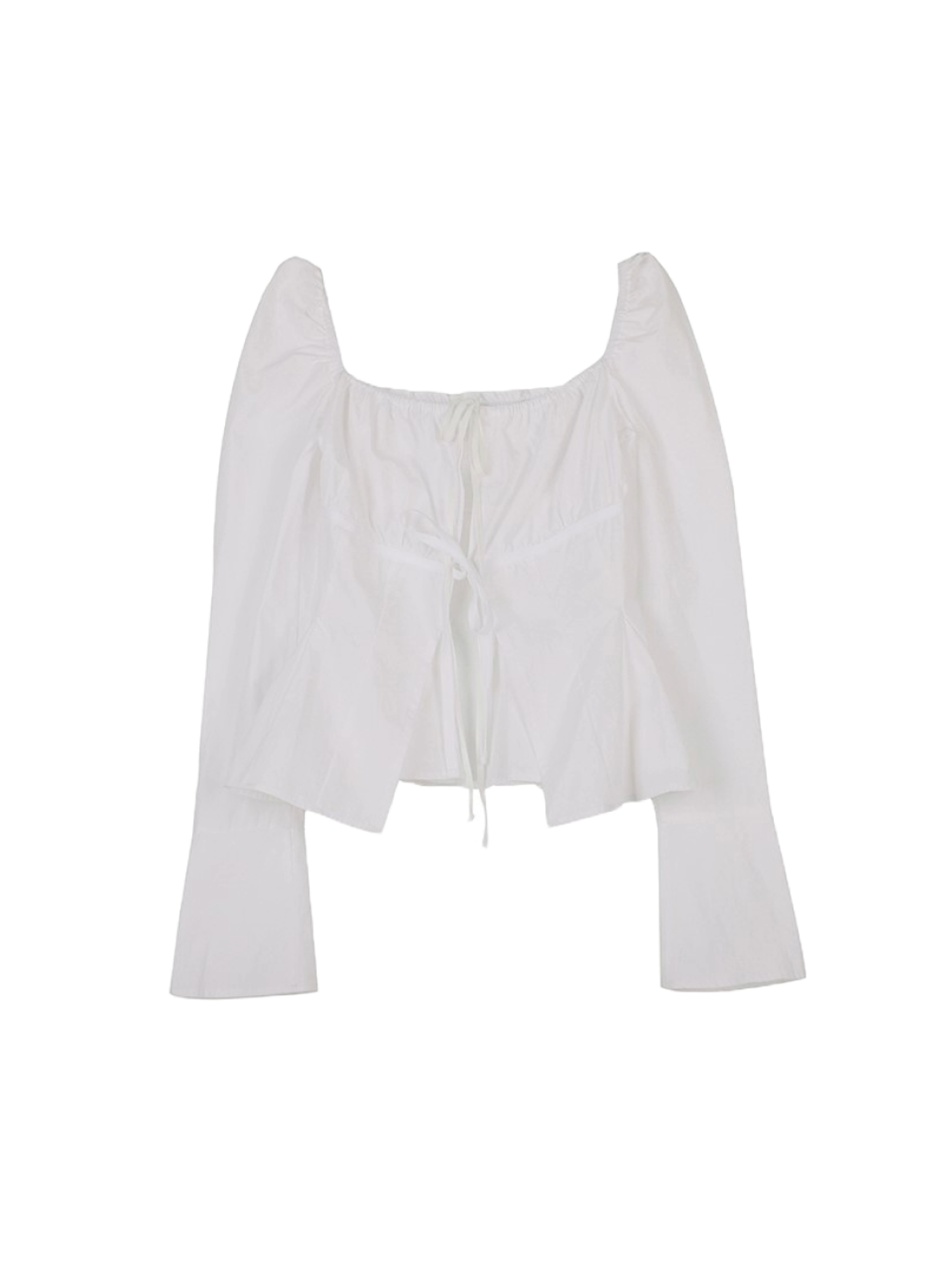 Hardcore Happiness Ribbon puff square-neck open blouse (White)